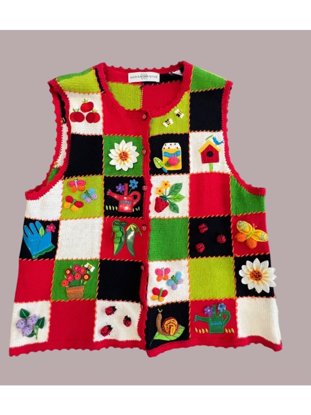 Marisa Christina Womens Patchwork Knit Vest With Vibrant Embellished Garden Them
